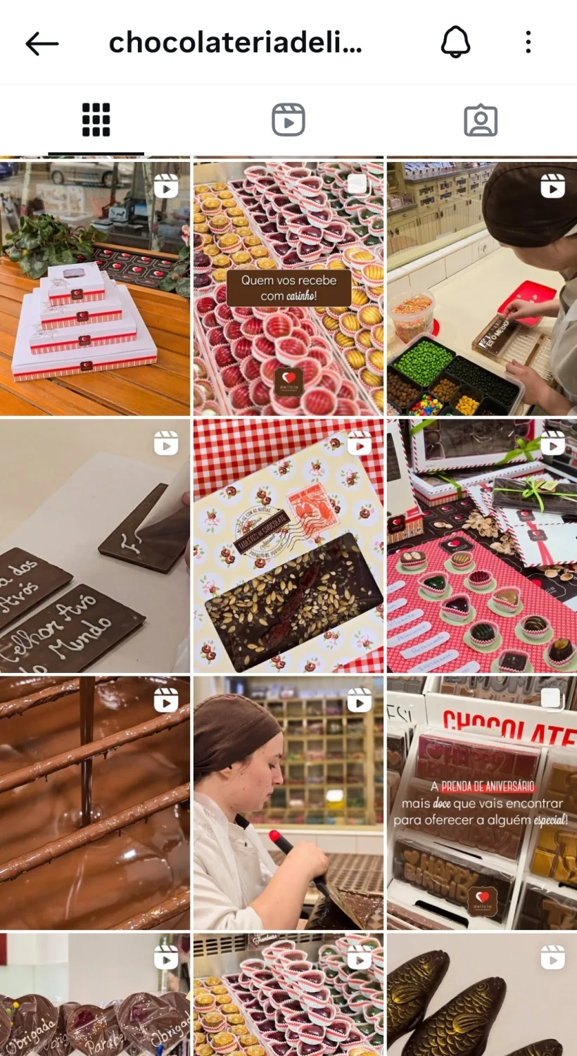 Feed de Instagram da Chocolateria Delícia