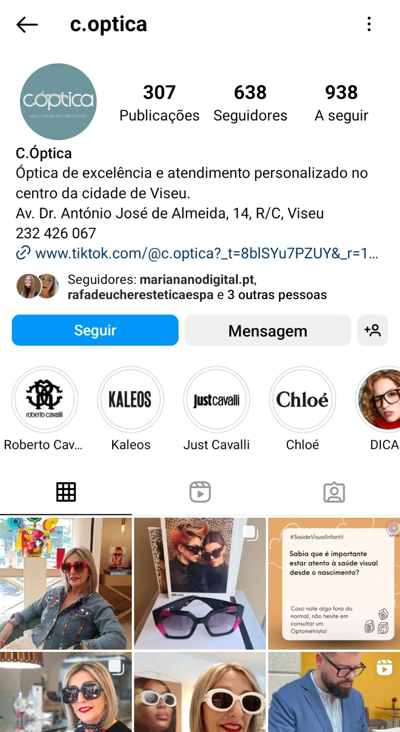 Antes da bio do feed de Instagram da C.Optica