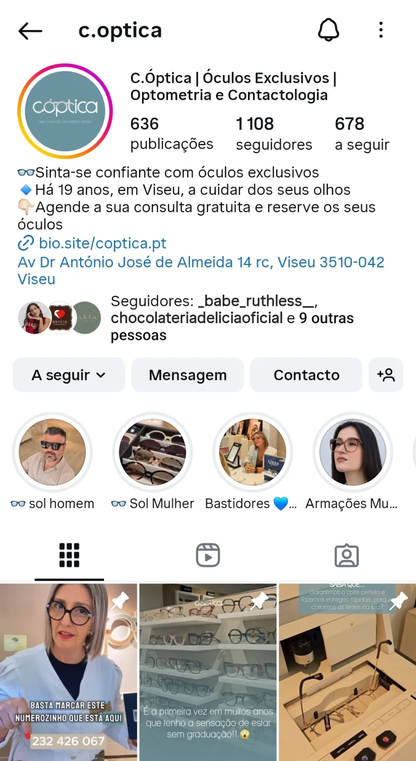 Bio atual do feed de Instagram da C.Optica