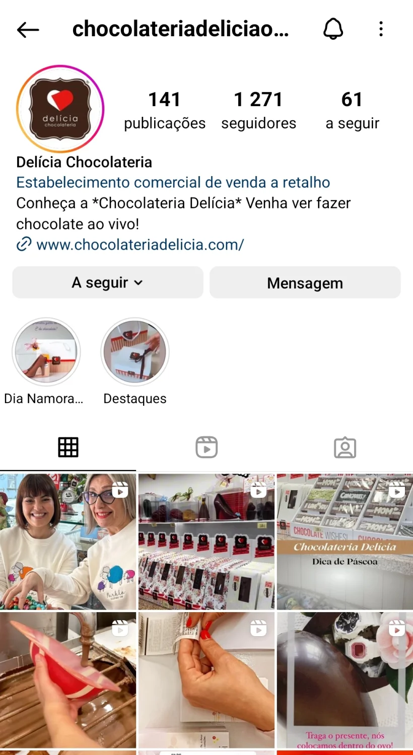 Antes da bio do feed de Instagram da Chocolateria Delícia