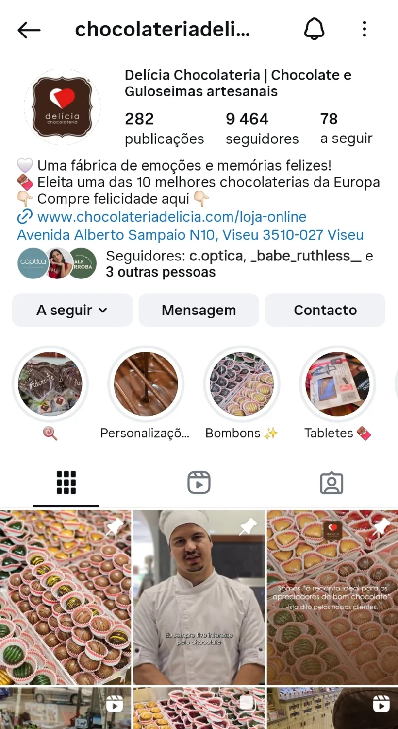 Bio atual do feed de Instagram da Chocolateria Delícia