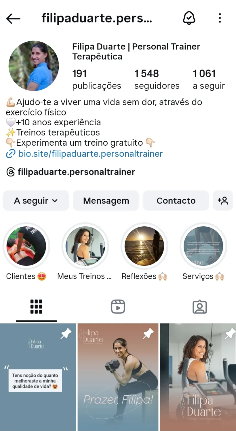 Bio atual do feed de Instagram da Filipa Duarte Personal Trainer