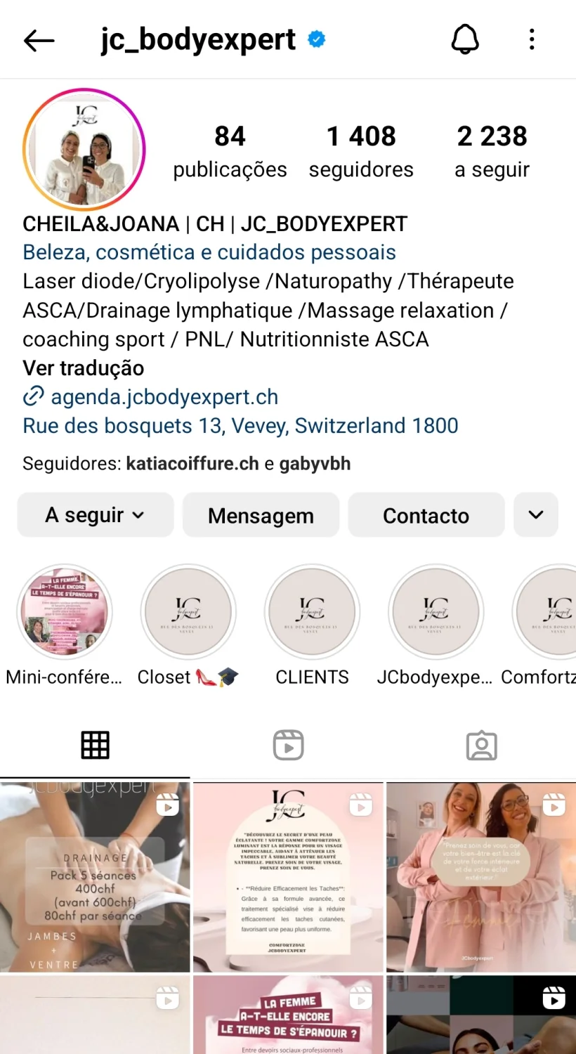 Antes da bio do feed de Instagram da JCbodyexpert