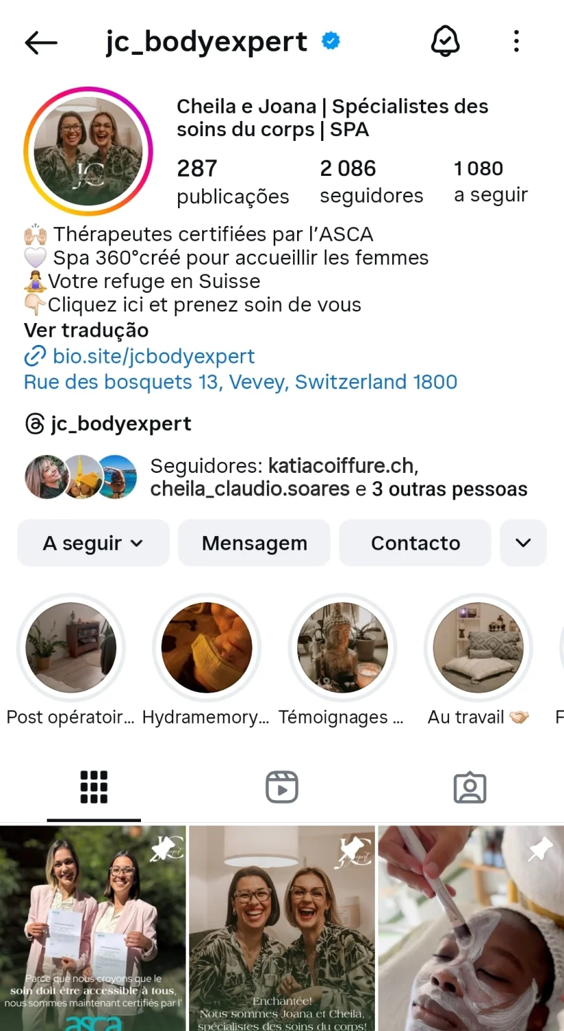 Bio atual do feed de Instagram da JCbodyexpert