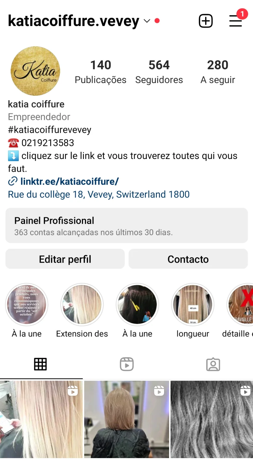Antes da bio do feed de Instagram da Katia Coiffure