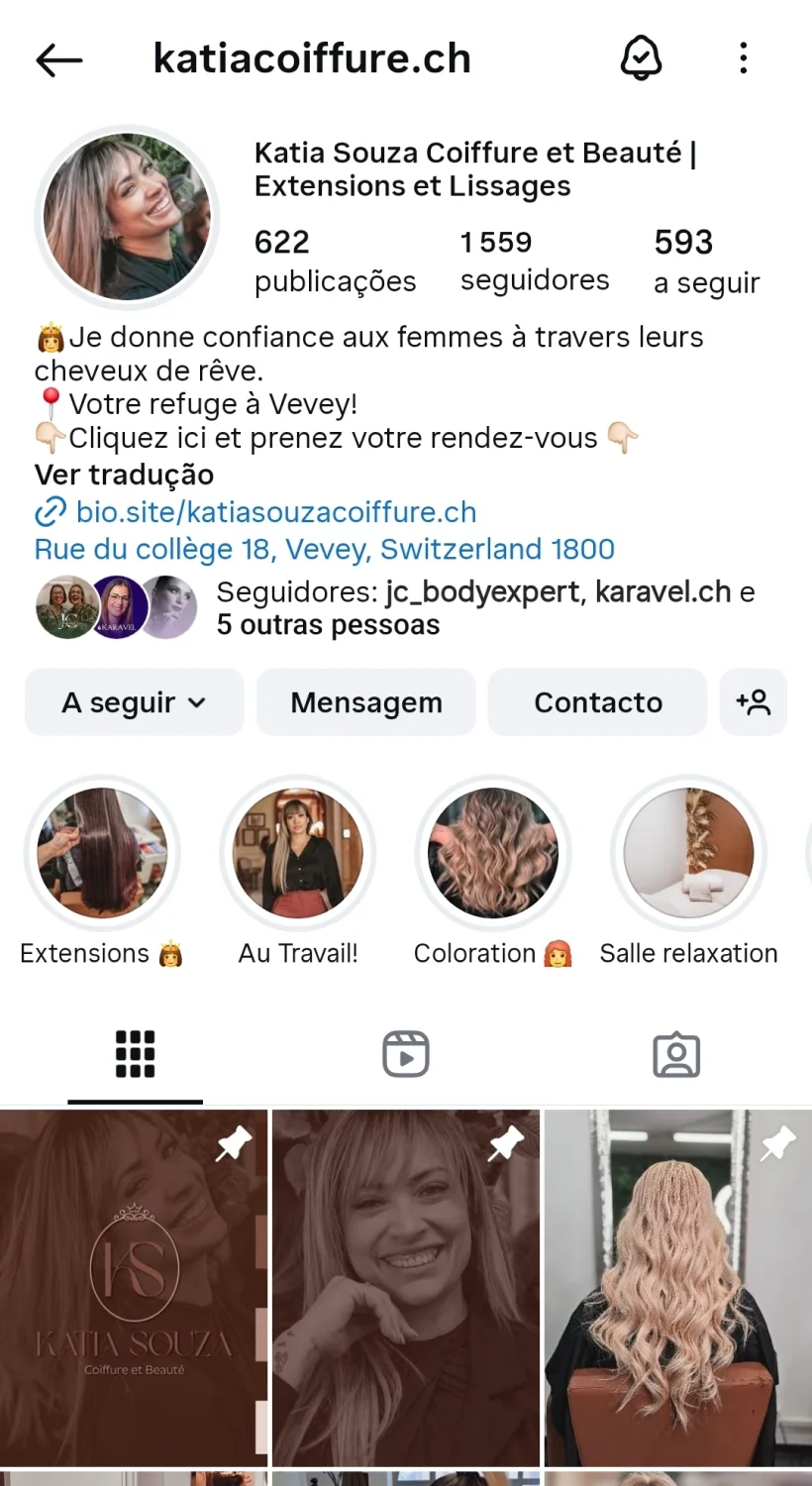 Bio atual do feed de Instagram da Katia Coiffure